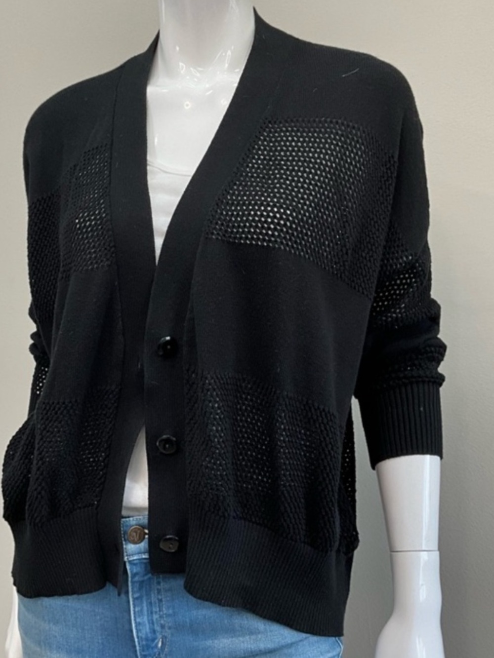 PLANET by Lauren G Black Open Weave Cardigan Button Front Lightweight OS